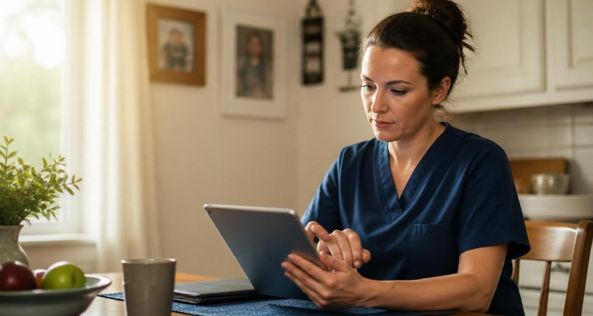 Home care nurse reviewing HIPAA workforce training documentation on a tablet.