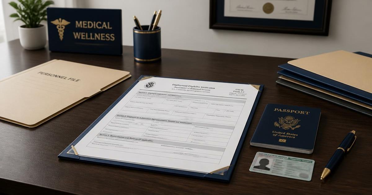 I-9 documentation materials for a healthcare employer: a blank employment eligibility verification form in a navy folder beside a passport, an identification card, and a personnel file on a professional desk.