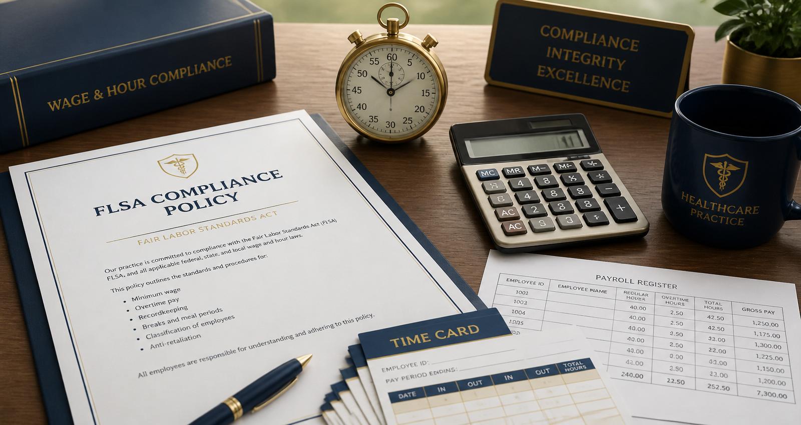FLSA wage and hour compliance materials for a small healthcare practice: policy document, stopwatch, calculator, payroll register, and time cards on a professional desk.