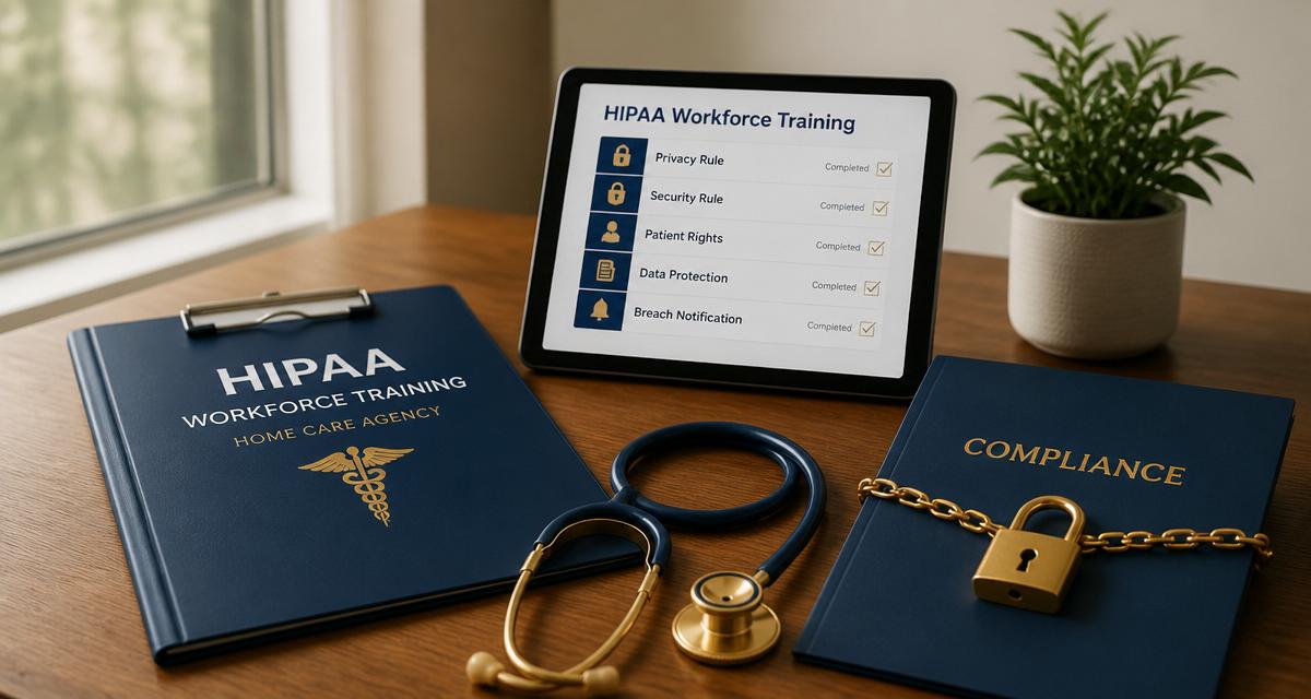 HIPAA workforce training materials for a home care agency: compliance binder, stethoscope, and tablet showing a training checklist.